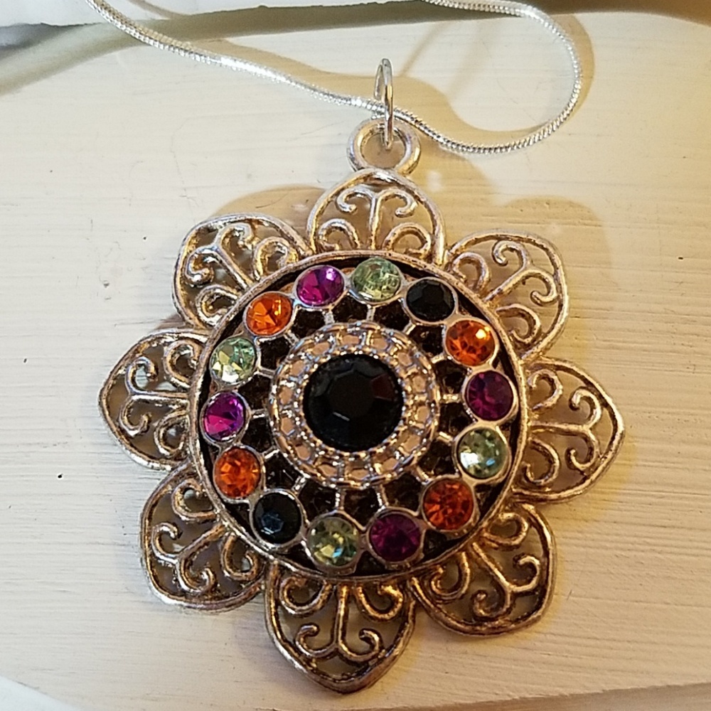 Floral Color Stone Filigree Silver Tone Necklace 24" Flower - Picture 2 of 4